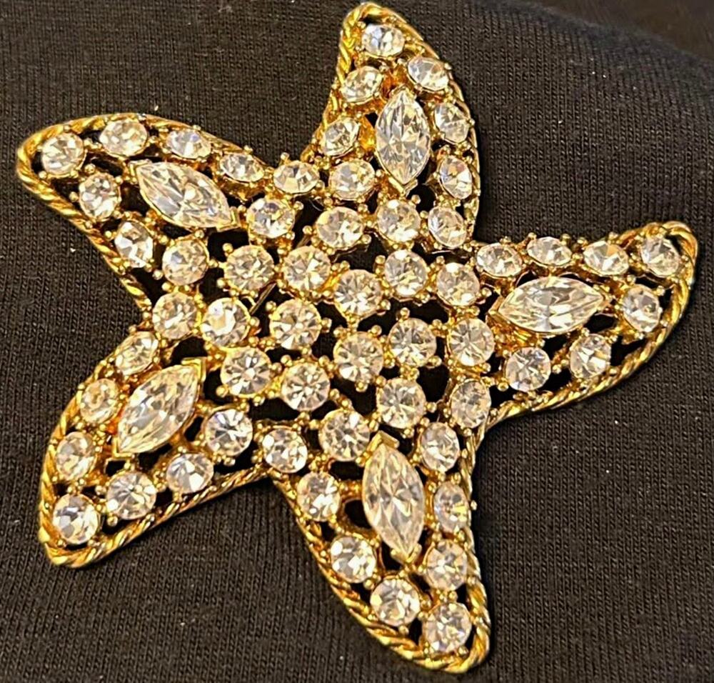 Vintage EISENBERG Ice Starfish Brooch Clear Rhinestone Gold Tone Large Statement